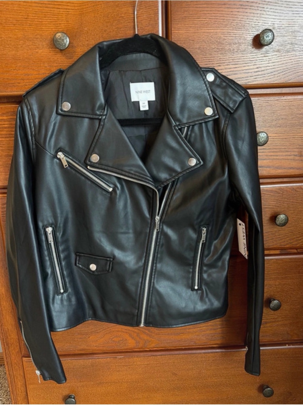 Nine West Black Faux Leather Moto-Style Jacket
